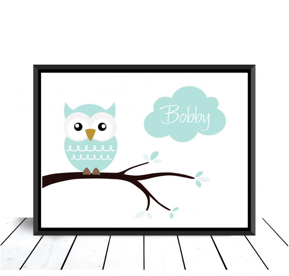 Owl Birth Poster Turquoise