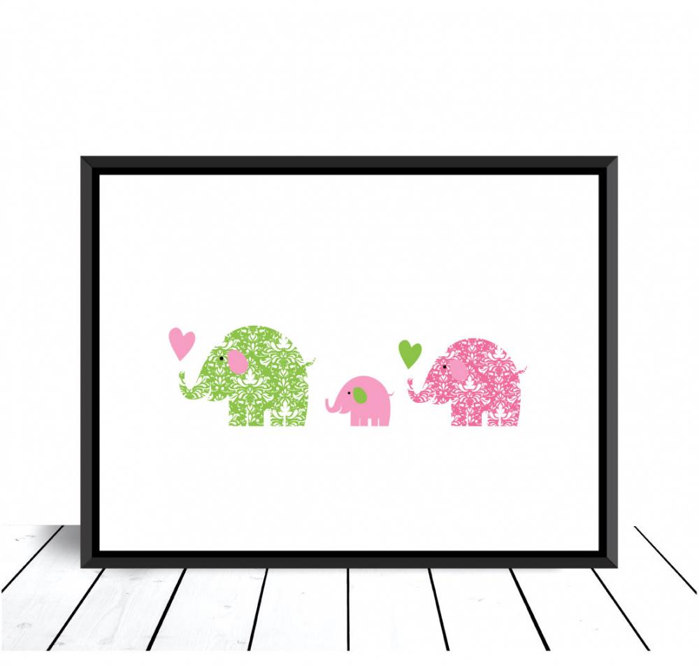 Elefantfamilj - Rosa/grn Poster