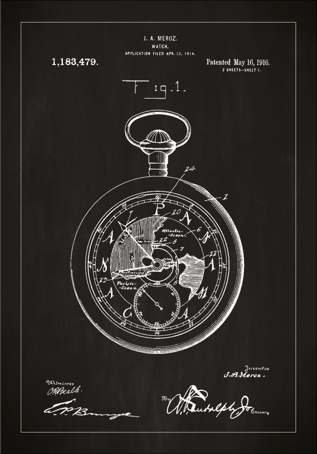 Patentritning - Fickur - Svart Poster