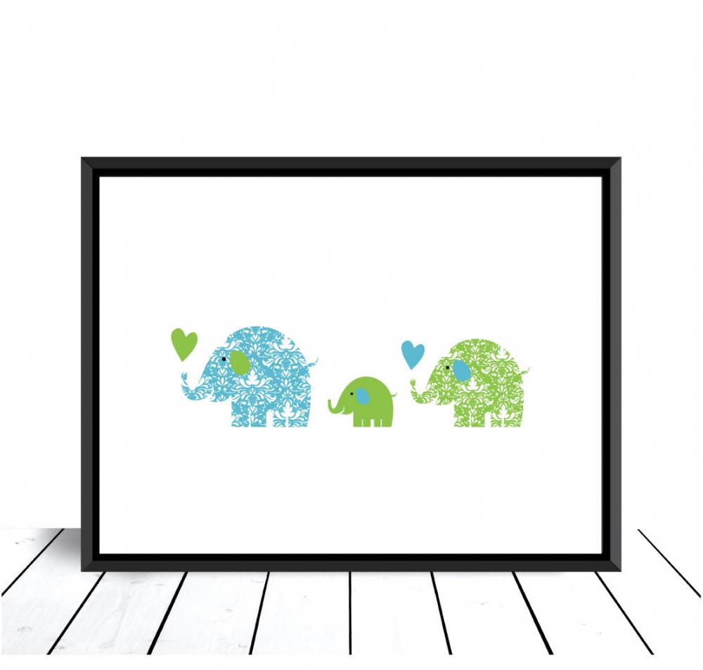Elefantfamilj - Bl/grn Poster