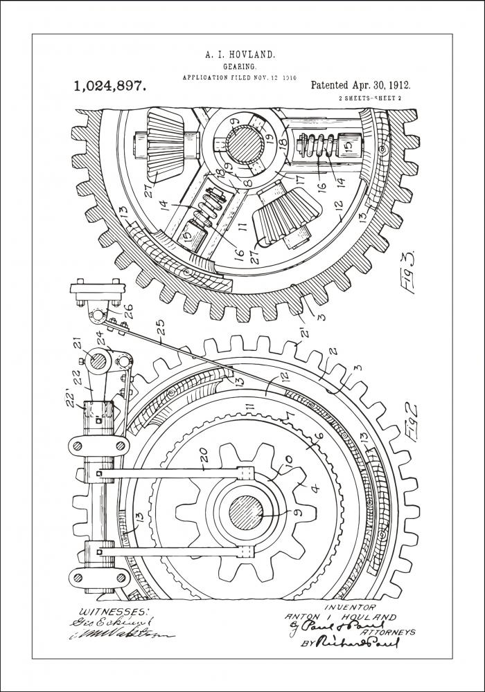 Patentritning - Kugghjul - Vit Poster