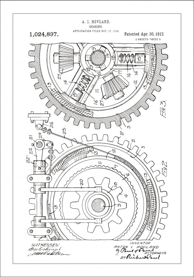 Patentritning - Kugghjul - Vit Poster