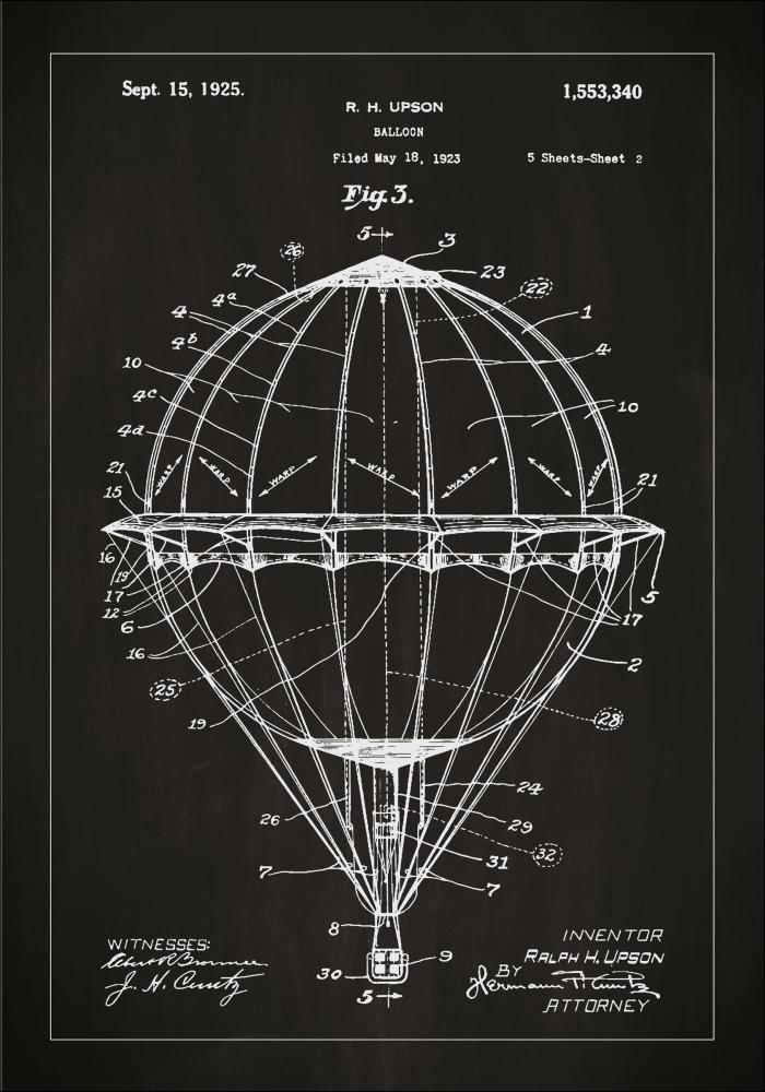 Patentritning - Luftballong - Svart Poster