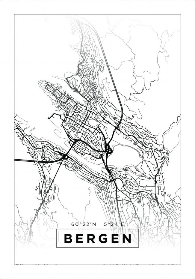 Karta - Bergen - Vit Poster