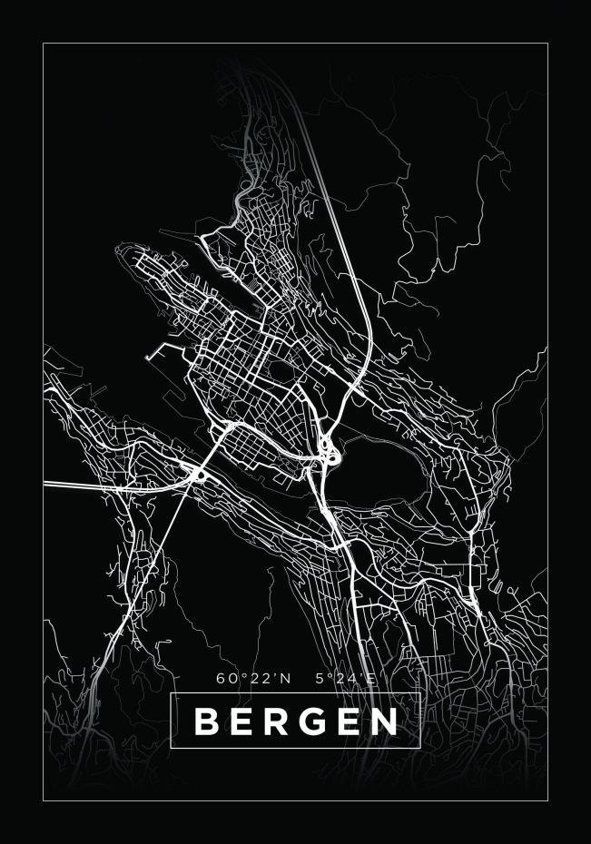 Karta - Bergen - Svart Poster