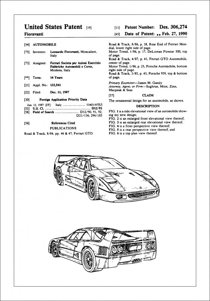Patentritning - Ferrari F40 I Poster